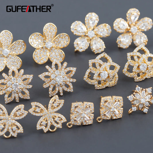 GUFEATHER M1120, accessoires de bijoux, plaqué or 18 carats, cuivre, zircon, pass REACH, sans nickel, forme de fleur, breloque, boucle d'oreille bricolage, 6 pièces/lot 