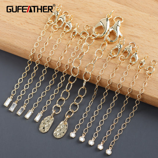 GUFEATHER M1037, accesorios de joyería, chapado en oro de 18 k, cobre, circón, paso REACH, sin níquel, cadena extendida, fabricación de joyas, 10 unids/lote 