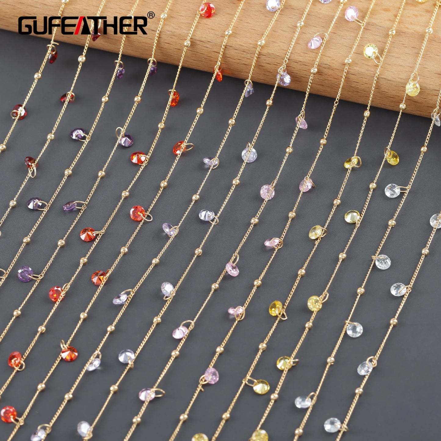 GUFEATHER C254, chaîne de bricolage, plaqué or 18 carats, cuivre, zircons, pass REACH, sans nickel, breloque, collier de bracelet à bricoler soi-même, fabrication de bijoux, 1 m/lot 