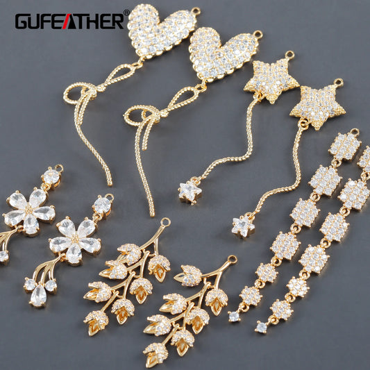 GUFEATHER M1133, accessoires de bijoux, chaîne d'oreille, plaqué or 18 carats, métal cuivré, zircons, pass REACH, sans nickel, pendentifs diy, 2 pièces/lot 