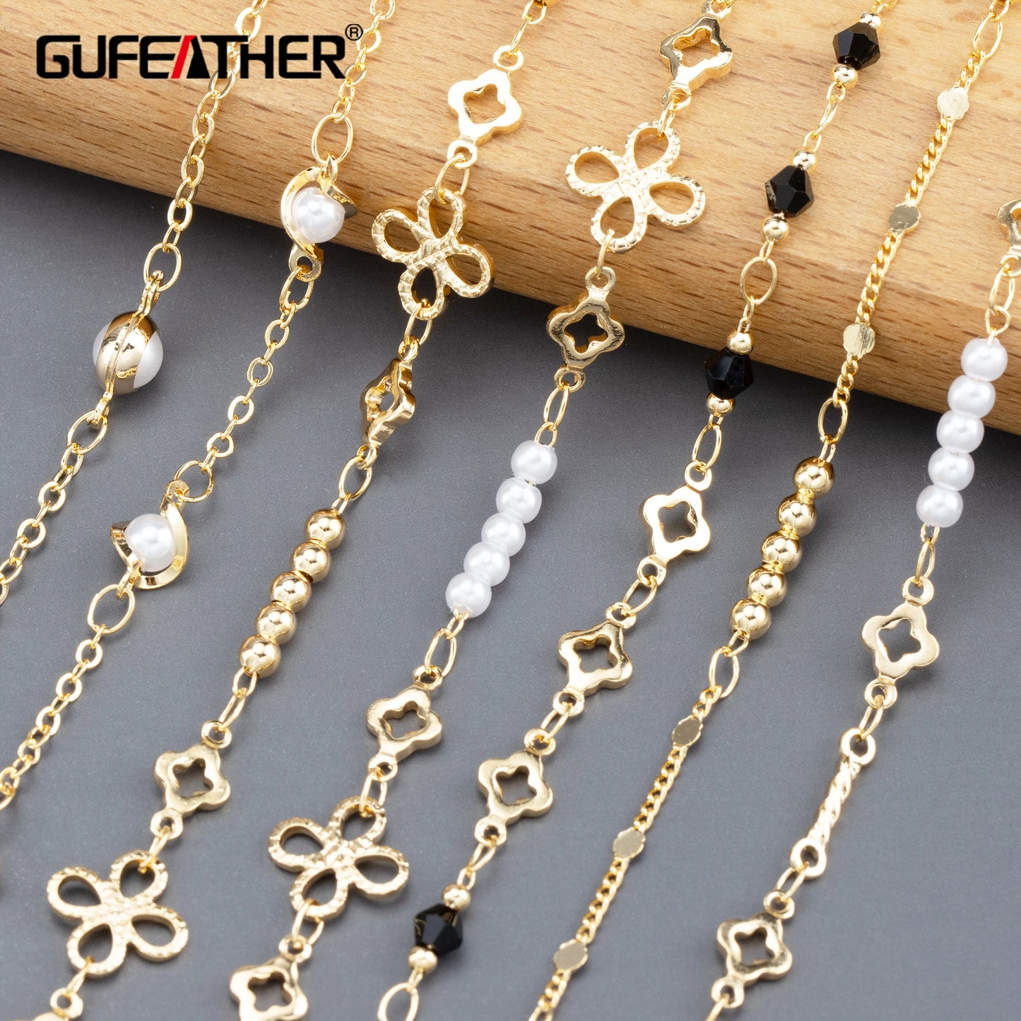 GUFEATHER C281, chaîne de bricolage, pass REACH, sans nickel, plaqué or 18 carats, cuivre, perle en plastique, collier de bracelet à bricoler soi-même, fabrication de bijoux, 1 m/lot 