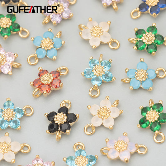 GUFEATHER MD03, accesorios de joyería, chapado en oro de 18 k, cobre, circonitas, forma de flor, dijes, fabricación de joyas, colgantes diy, 10 unids/lote 