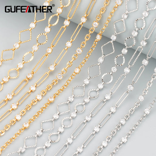 GUFEATHER C297, cadena diy, sin níquel, chapado en rodio de oro de 18k, cobre, circón, hecho a mano, fabricación de joyas, collar de pulsera diy, 1 m/lote 