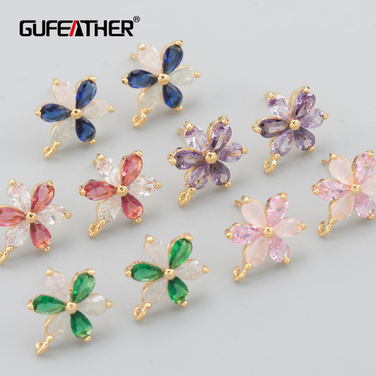 GUFEATHER MA95, accessoires de bijoux, sans nickel, plaqué or 18 carats, cuivre, zircons, forme de fleur, fabrication de bijoux, boucles d'oreilles bricolage, 6 pièces/lot 