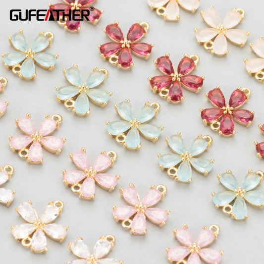 GUFEATHER M524, accessoires de bijoux, plaqué or 18 carats, cuivre, zircons, pass REACH, sans nickel, forme de fleur, breloque, boucle d'oreille bricolage, 6 pièces/lot 