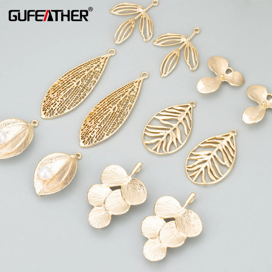 GUFEATHER MD66, accesorios de joyería, chapado en rodio de oro de 18 k, cobre, forma de hoja, fabricación de joyas, dijes, colgantes diy, 6 unids/lote 