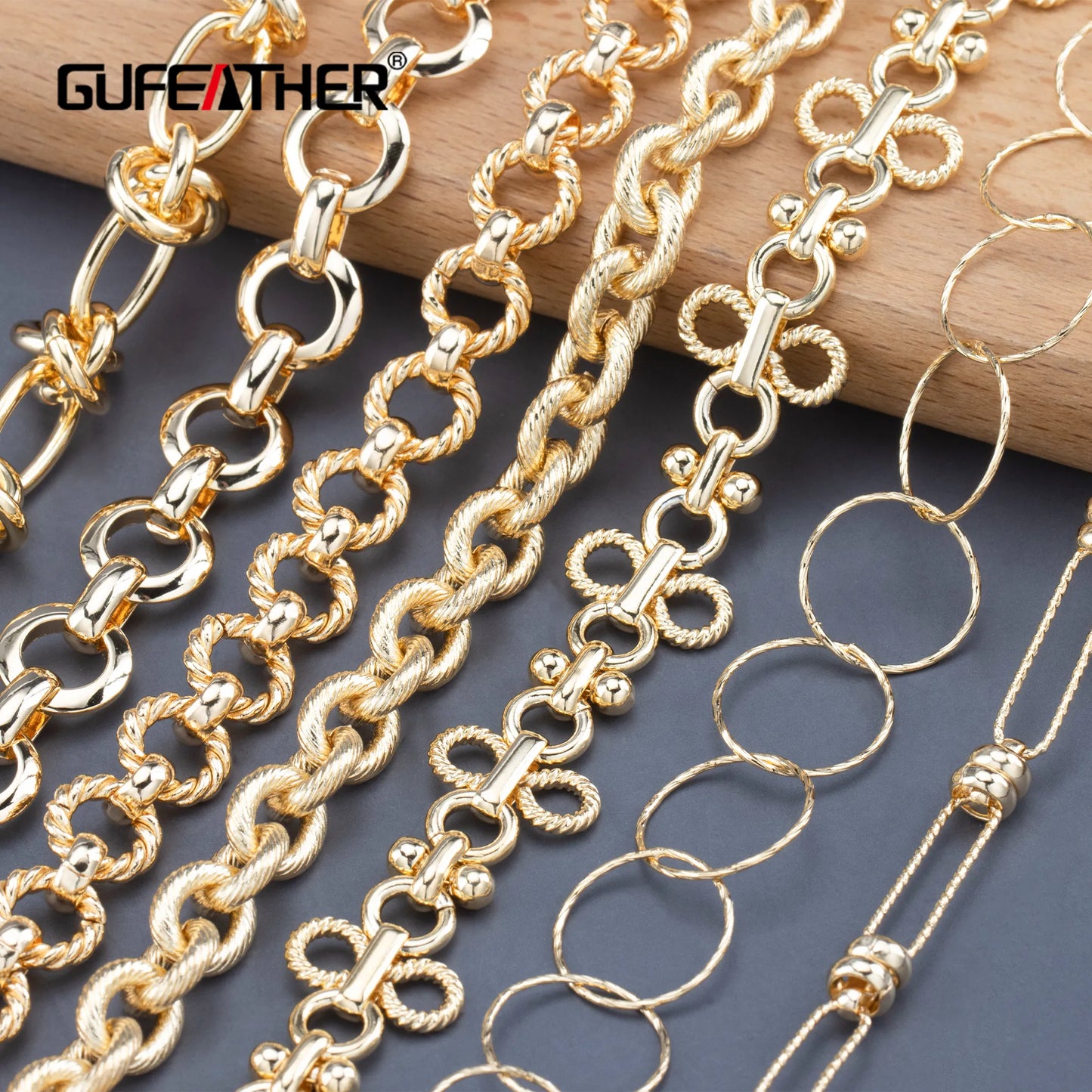 GUFEATHER C170, chaîne de bricolage, pass REACH, sans nickel, plaqué or 18 carats, métal cuivré, breloques, collier de bracelet à bricoler soi-même, fabrication de bijoux, 1 m/lot 