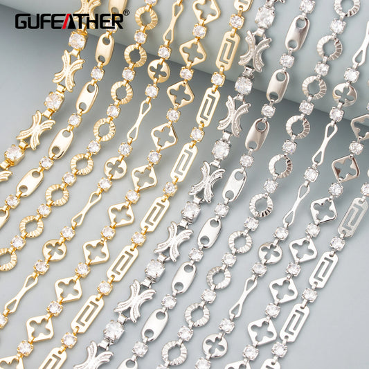 GUFEATHER C349, chaîne, plaqué rhodium or 18 carats, cuivre, sans nickel, zircons, breloques, collier bracelet à bricoler soi-même, fabrication de bijoux, 1 m/lot 