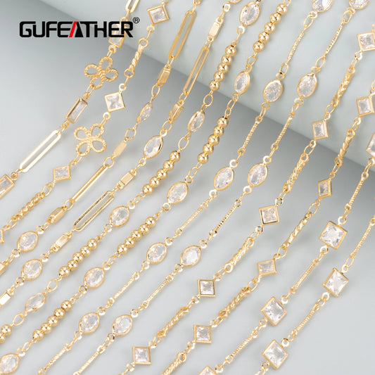 GUFEATHER C290, cadena diy, pass REACH, sin níquel, chapado en oro de 18k, metal de cobre, circonitas, fabricación de joyas, collar de pulsera diy, 1 m/lote 