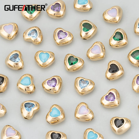 GUFEATHER MD70, accesorios de joyería, chapado en rodio de oro de 18 k, cobre, circón, forma de corazón, dijes, colgantes diy, fabricación de joyas, 6 unids/lote 